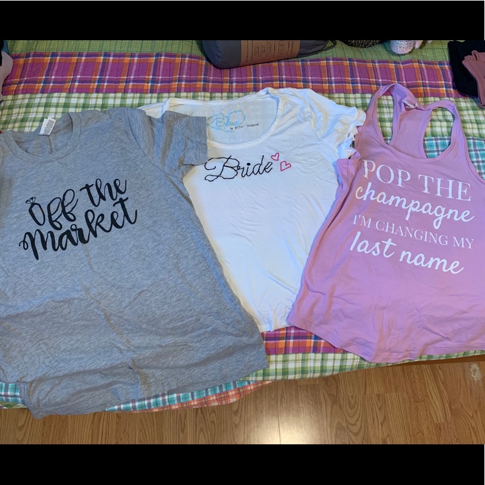 Lot of bride to be shirts & one hubby shirt! 💍